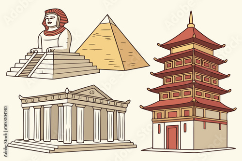 Collection of famous world landmarks in a simple cartoon style