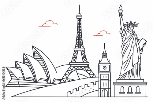 Famous world landmarks collage in outline style