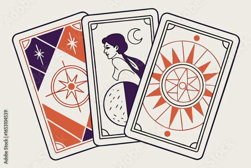 Three stylized tarot cards with celestial and compass designs