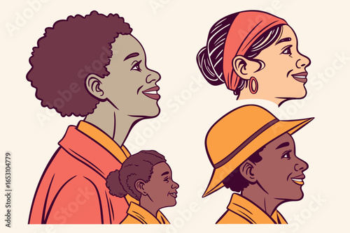 Diverse group of women and children in profile view smiling