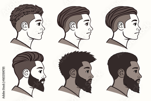 Collection of diverse male hairstyles and beard styles shown in profile