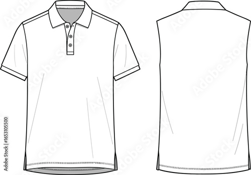 Polo shirt design template, front and back view, vector illustration, fashion sketch, apparel CAD drawing, clothing pattern, technical garment outline