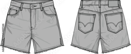 Stylish denim shorts, CAD drawing, flat vector illustration, fashion design, technical sketch, front and back view, summer apparel, trendy wear
