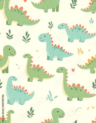 Cartoon dinosaurs and foliage on a light yellow background