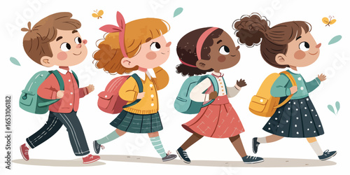 Diverse group of elementary school children in matching uniforms walking together representing education unity and childhood in a