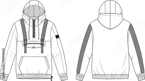 Modern hoodie CAD drawing, front and back view, fashion technical sketch, flat vector illustration, garment design, apparel template, clothing mockup