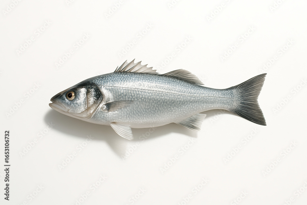 Naklejka premium Single Sea Bass Fish on Isolated White Background, Fresh Seafood Still