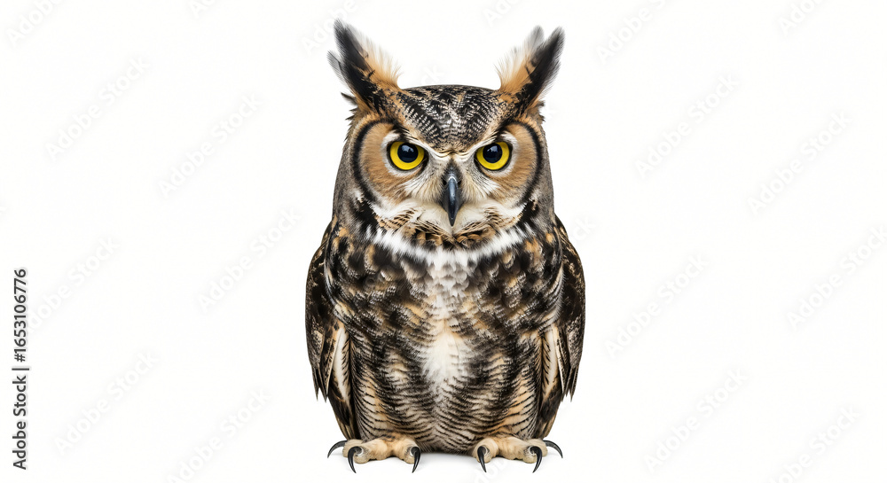 Fototapeta premium Great Horned Owl Portrait on White Background