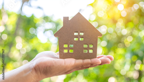 Small home ownership is a reality, as a man's hand holds a tiny model house to represent the real estate and mortgage loan business