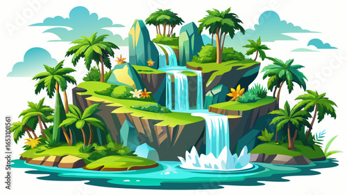 A lush tropical island appears enchanting, with multiple waterfalls cascading gracefully through dense greenery, isolated on a pure white background, creating a realistic vector atmosphere filled with