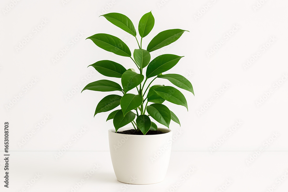 Fototapeta premium Minimalist Houseplant: Glossy Green Leaves in White Ceramic Pot on White Surface