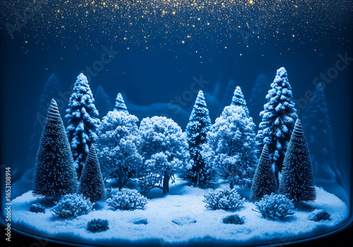 Christmas tree in snowy winter landscape with forest and stars in the night sky