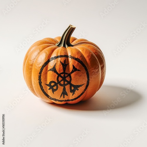 Halloween Pumpkin Ancient Symbols, small orange pumpkin adorned with black intricate design, centered ship's wheel, concept of Halloween Pumpkin Ancient Symbols with ancient style.
