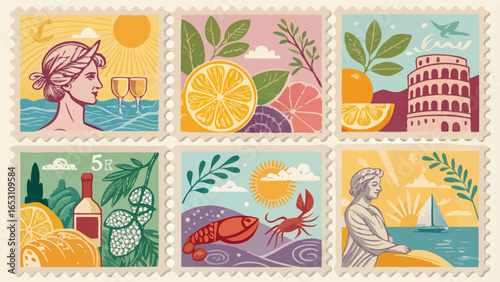 Collection of Twelve Stylized Postage Stamp Like Images with Decorative Borders and a Vintage Aesthetic Suitable for Various