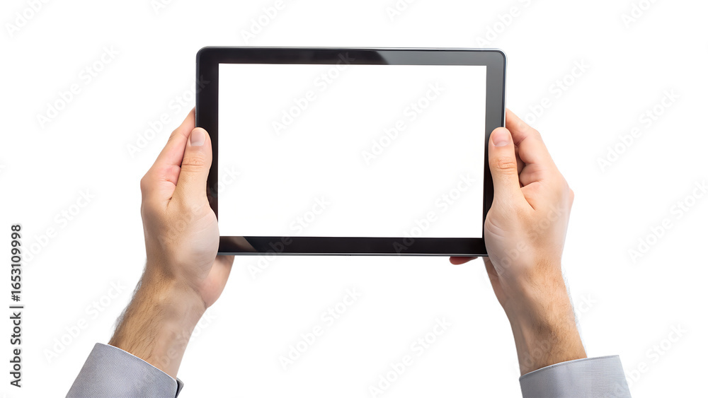 Hands holding a tablet with a blank white screen, isolated on transparent background for mockup and presentation purposes Hands holding a tablet with a blank white screen, isolated on transparent background for mockup and presentation purposes
