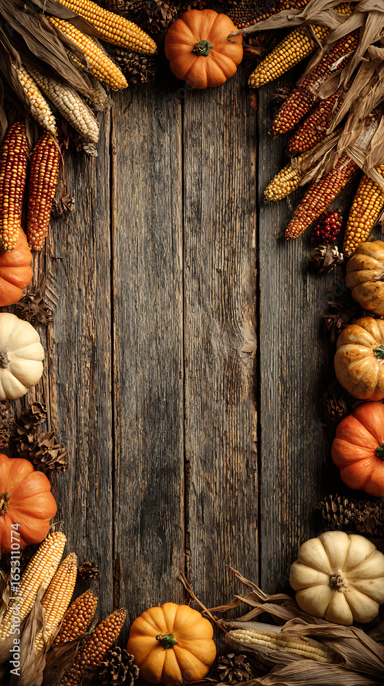 Fototapeta premium Autumn harvest background with pumpkins, corn, and rustic wooden texture