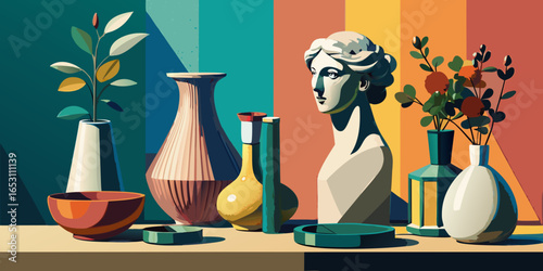 An artistic vector illustration set of a man and an angel silhouette in a glass vase, perfect for decor or science-themed designs