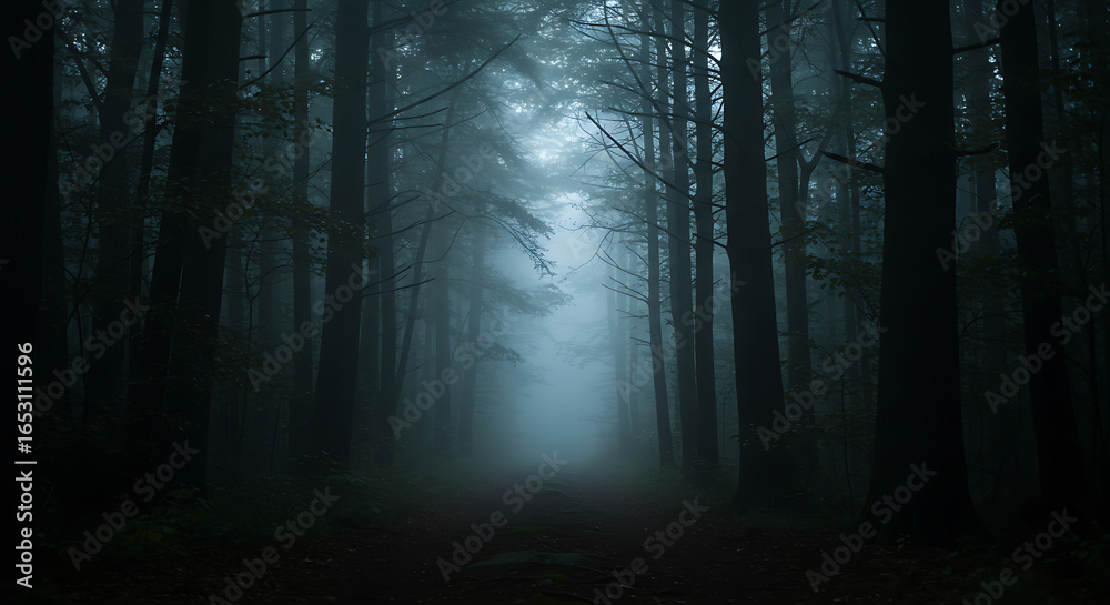 Naklejka premium Enchanted Dark Forest with a Path and Heavy Fog