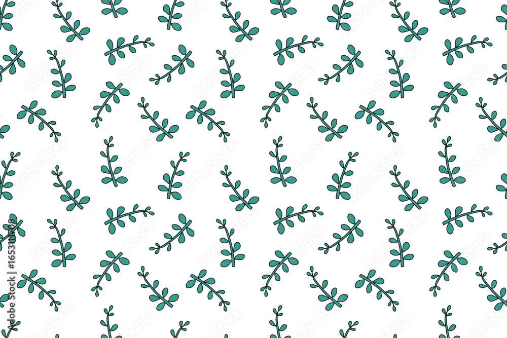 Fototapeta premium Beautiful natural seamless pattern of dark green plant on white background. Abstract environmental plant, forest, meadow. Flat design. For wallpaper, textiles, packaging, backgrounds and websites.