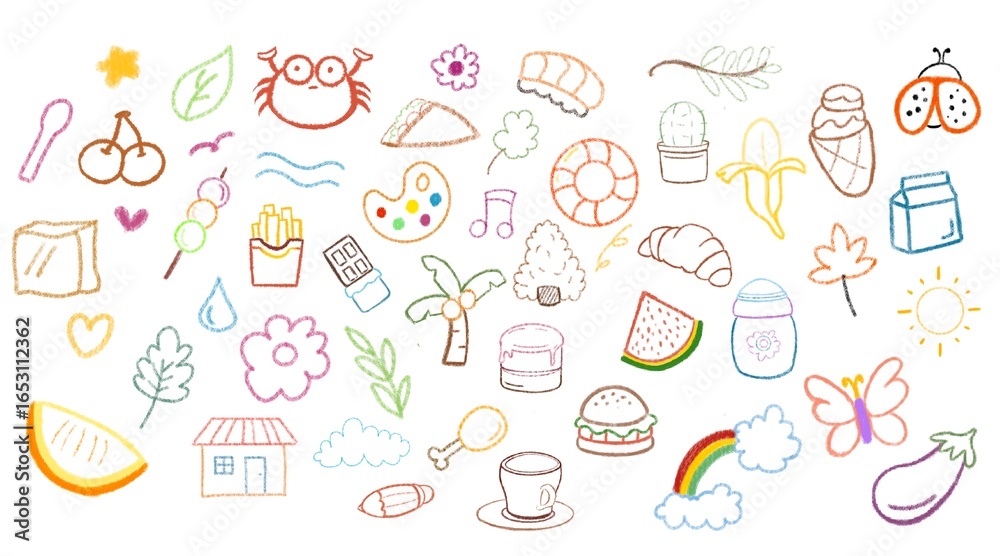 Crayon Doodle Hand Drawn Elements Set