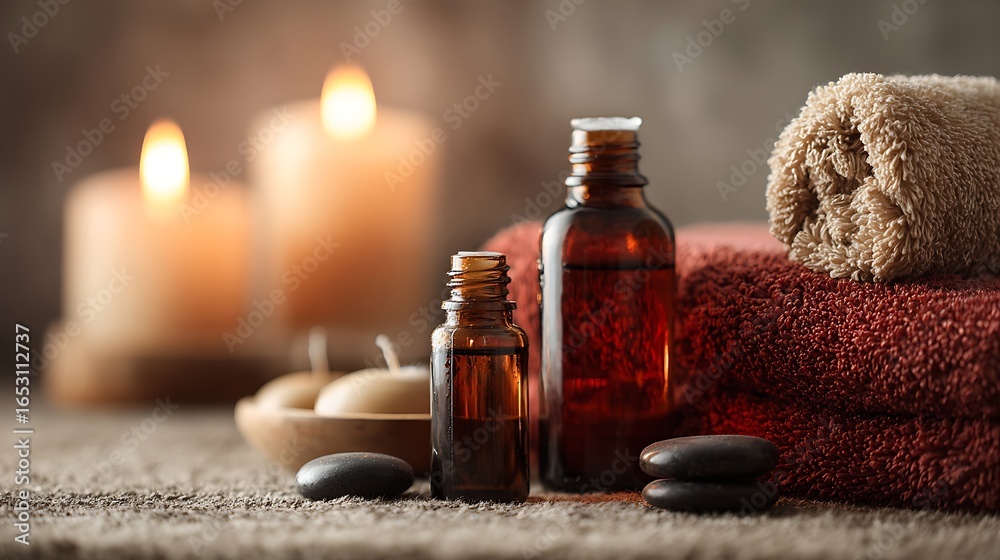 A serene spa setting with candles, towels, and essential oils, creating a tranquil atmosphere. A serene spa setting with candles, towels, and essential oils, creating a tranquil atmosphere.