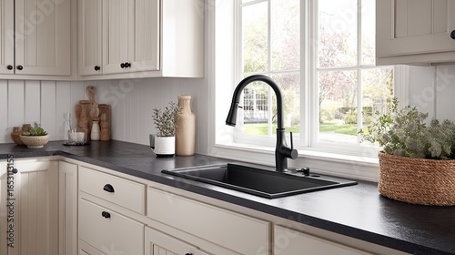 Bright Modern Kitchen Sink with Black Faucet and White Cabinetry
