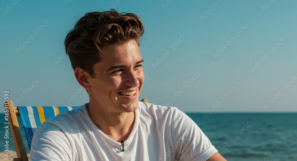 Fototapeta premium Young man smiling while sitting on beach chair by the ocean 