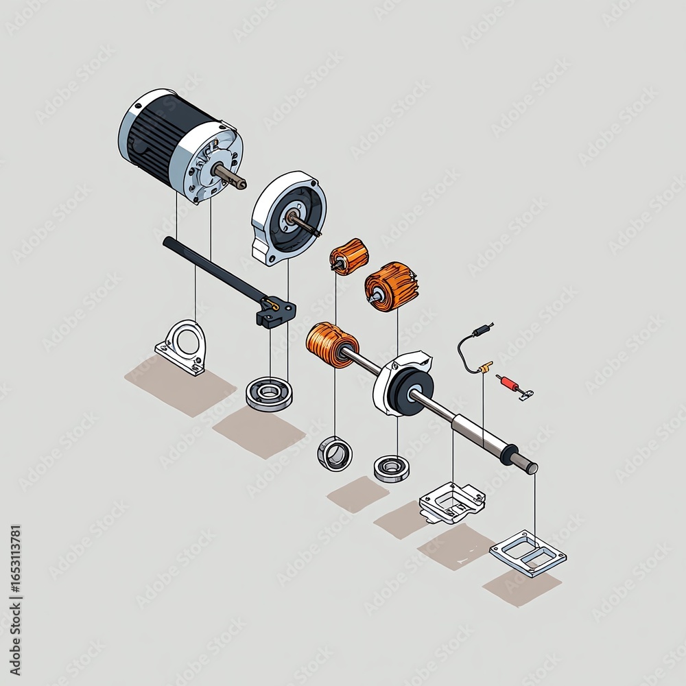 Fototapeta premium Exploded View of an Electric Motor with Components Floating in Isometric Perspective Depicting Engineering Design and Assembly Instructions