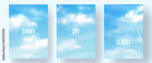 Set of realistic sky backgrounds. Bright sunny blue skyscapes with soft white clouds. Vector templates for cover, poster, banner, flyer, leaflet.