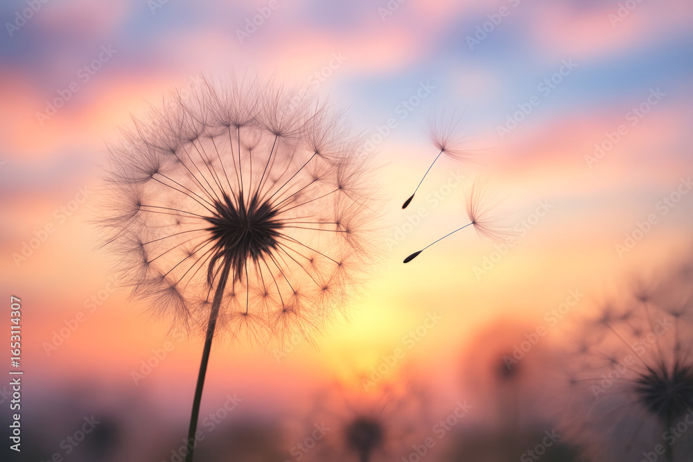 Fototapeta premium Dandelion seeds floating in the sunset sky with soft focus blowing wind