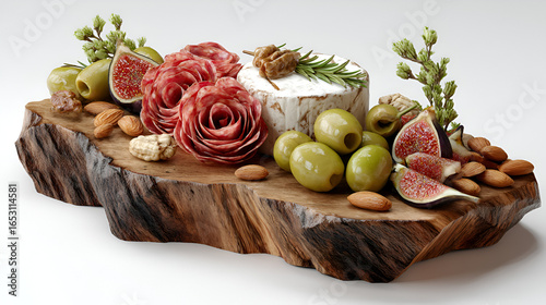 Elegant charcuterie board arrangement with figs, olives, salami roses, almonds, and soft cheese on rustic wood.