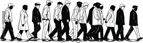 Black and white silhouette vector set of people walking in profile, wearing coats and hats, ideal for crowd and lifestyle designs