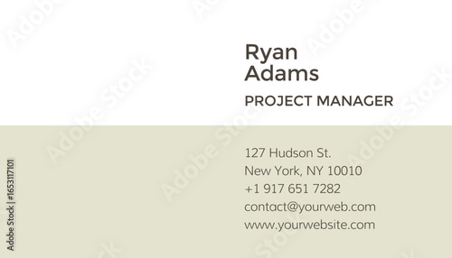 A business card with "Ryan Adams, Project Manager" centered top-right, address/contact info below, on a split white/beige background, minimalist design, professional.
 Business Card Back