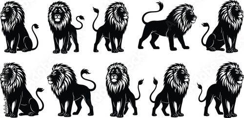 Black lion silhouette vector set with ten unique poses for wildlife, animal, safari, emblem, and graphic design projects