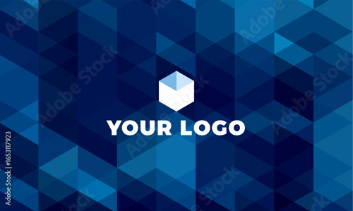 Abstract geometric background, varying blue shades, with a central white cube logo and 