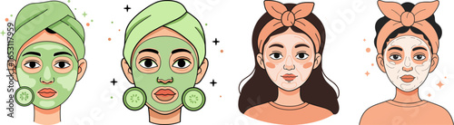 Women applying facial masks and enjoying skincare routine in flat style  