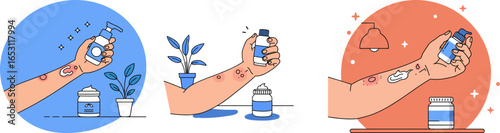 Hand applying lotion from bottle in flat style design concept  