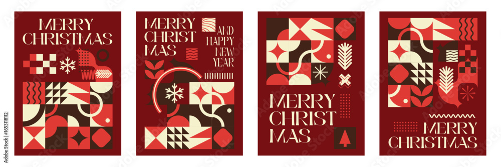 Naklejka premium Merry Christmas Vibrant Abstract minimalist style Geometric Pattern with Modern Typography Colorful Festive and Snowflakes Holiday Greeting Background Poster Design