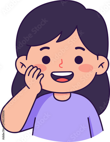 Young girl smiling and touching her cheek in flat style  
