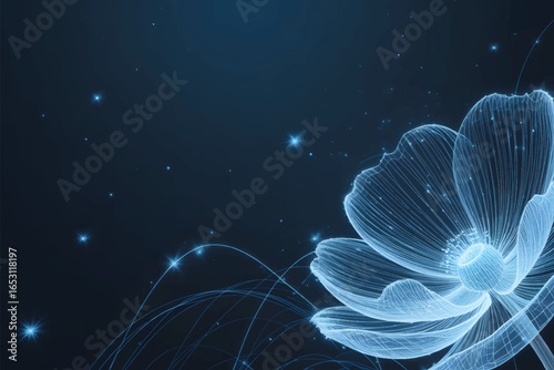 A digital art composition featuring a large glowing blue flower on the right side