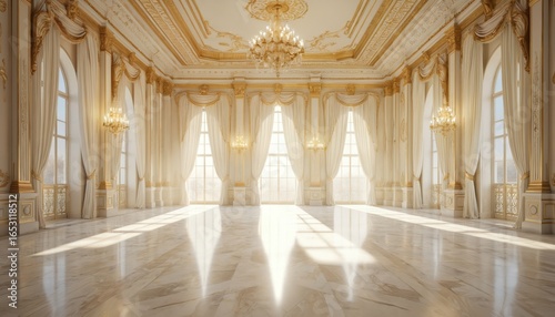 Sunlit ballroom interior featuring elegant gold, white decor. Large windows with drapes allow bright sunlight to illuminate marble floor, ornate columns. Grand chandelier hangs from detailed ceiling,