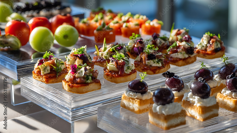 Naklejka premium Vibrant Gourmet Canaps and Fresh Fruits on Modern Clear Display for Catering Event