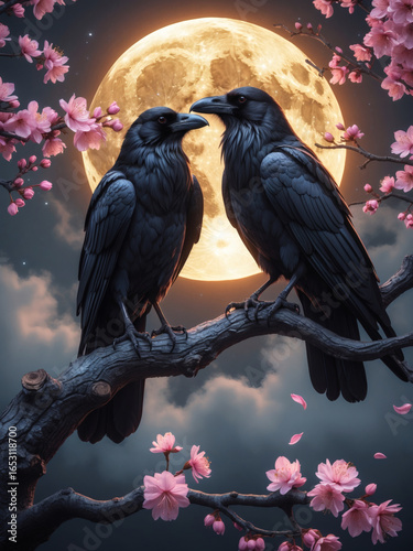 Two elegant ravens perched on a cherry blossom branch under a luminous full moon at night