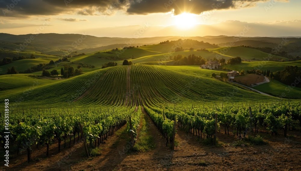 Fototapeta premium Tuscany vineyard rows at sunset golden hour. Idyllic Italian landscape with rolling green hills, grape agriculture, and scenic wine tourism. Peaceful rural countryside, tranquil vacation destination.