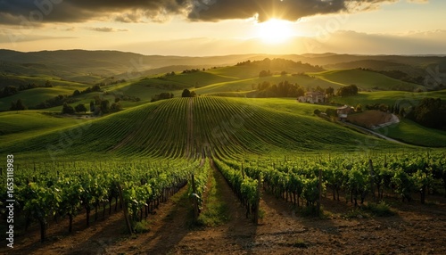 Wallpaper Mural Tuscany vineyard rows at sunset golden hour. Idyllic Italian landscape with rolling green hills, grape agriculture, and scenic wine tourism. Peaceful rural countryside, tranquil vacation destination. Torontodigital.ca