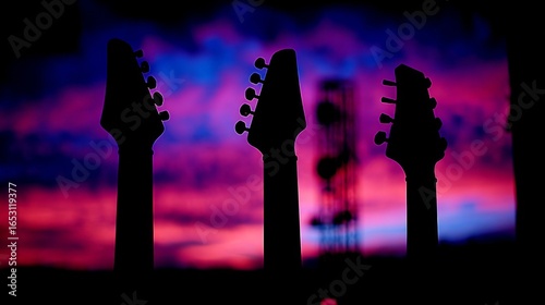 Three electric guitar silhouettes against a vibrant twilight sky with pink, purple, blue, and orange hues,