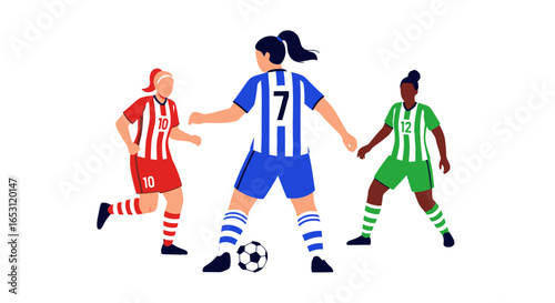 Dynamic illustration showcasing women's soccer match, emphasizing teamwork, athleticism, and diverse representation for sports promotion and athletic achievement.
