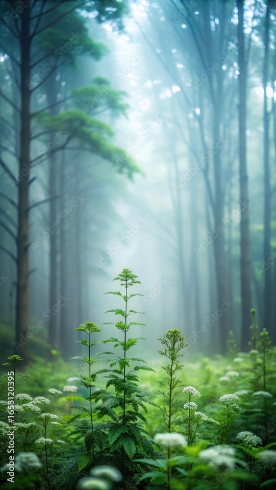 Obraz premium Misty forest with medicinal herbs in focus