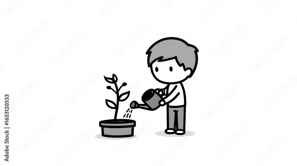 Simple cartoon boy waters plant in pot, black lines on white backdrop Simple cartoon boy waters plant in pot, black lines on white backdrop