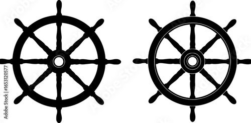 Ship steering wheel set. Boat steering wheels icon black silhouette, outline vector illustration